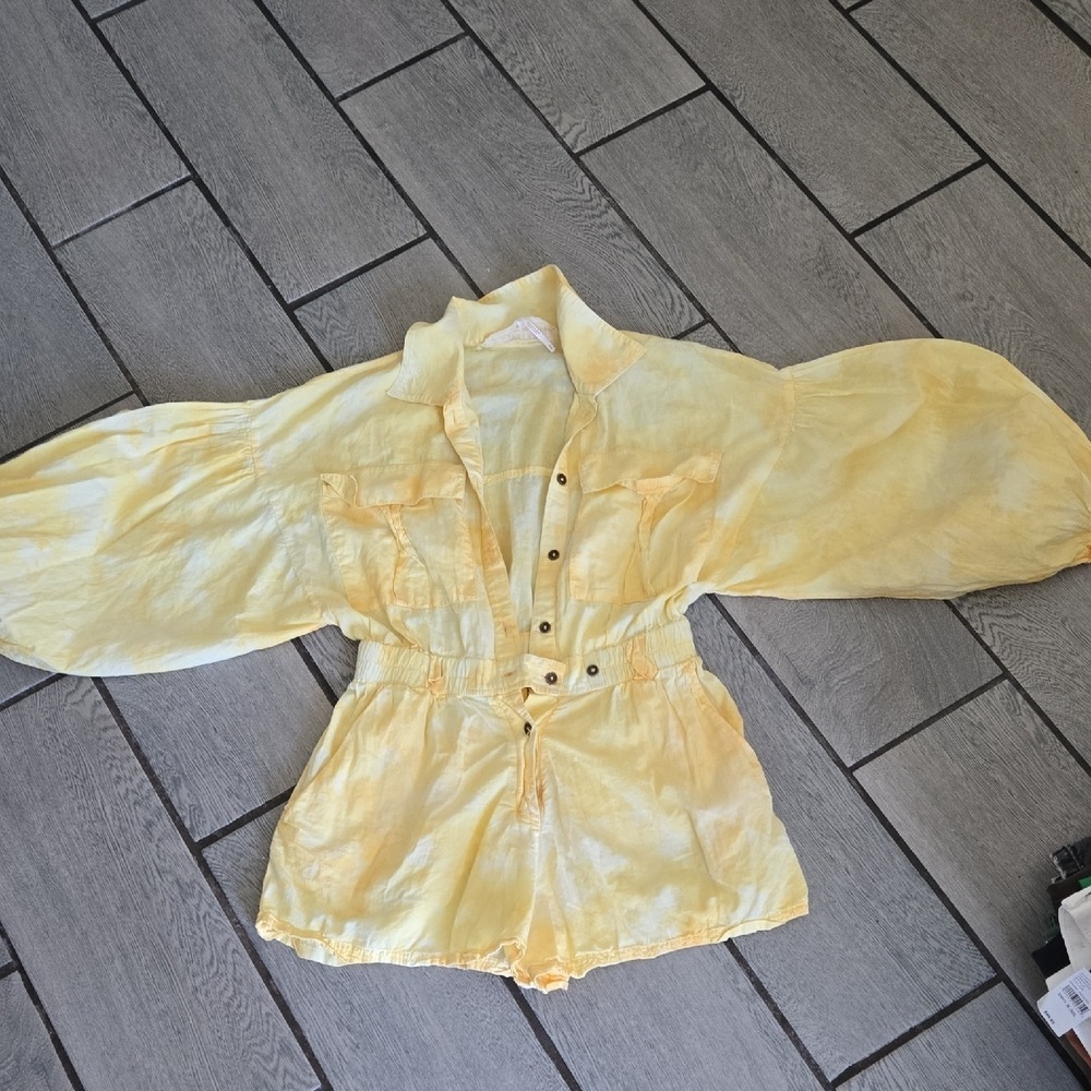 Free People Yellow Tie Dye Balloon Sleeve Button Front Romper Small